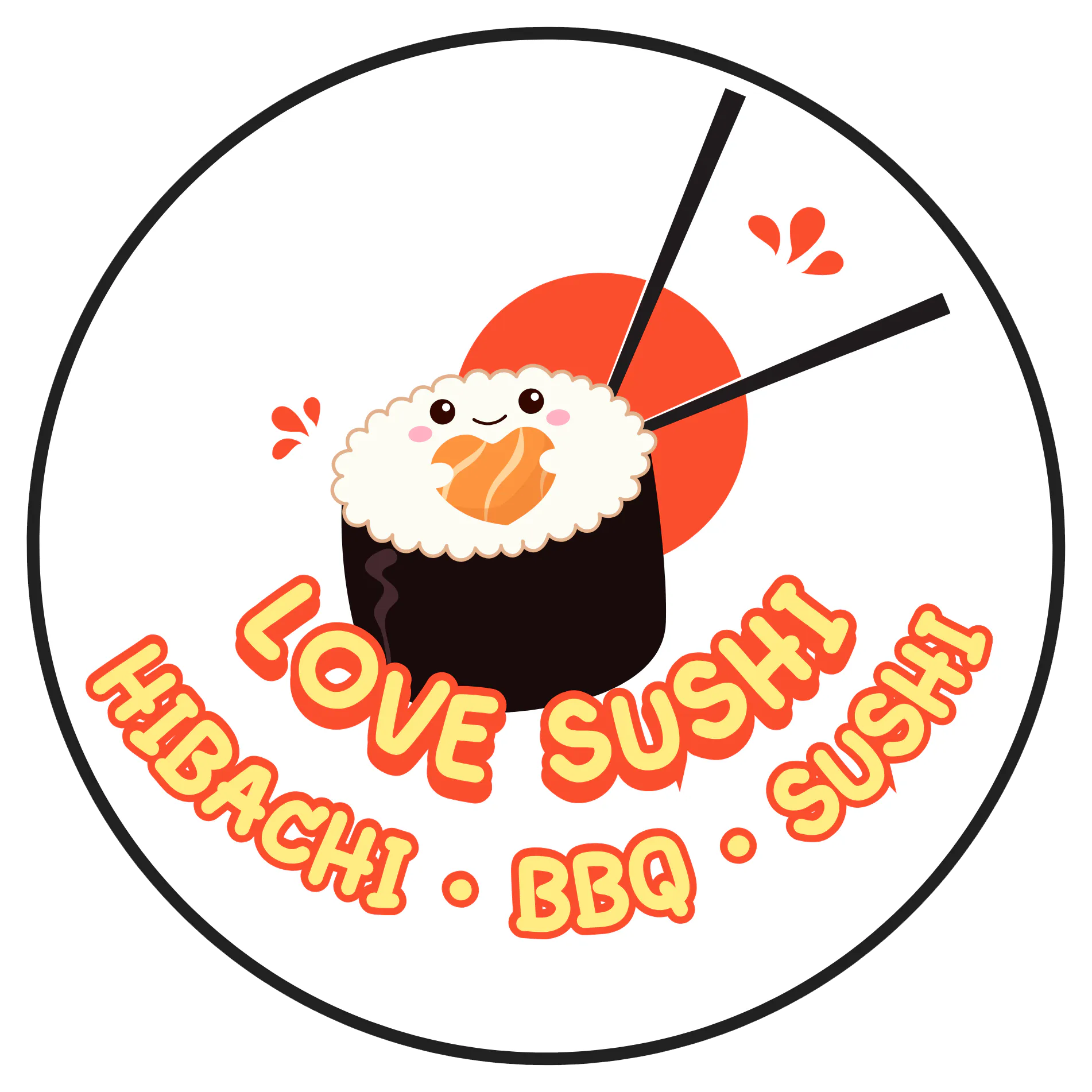 Love Sushi logo with a smiling sushi roll, chopsticks, and the words Hibachi BBQ Sushi at Love Sushi, a Japanese Restaurant in Thornton